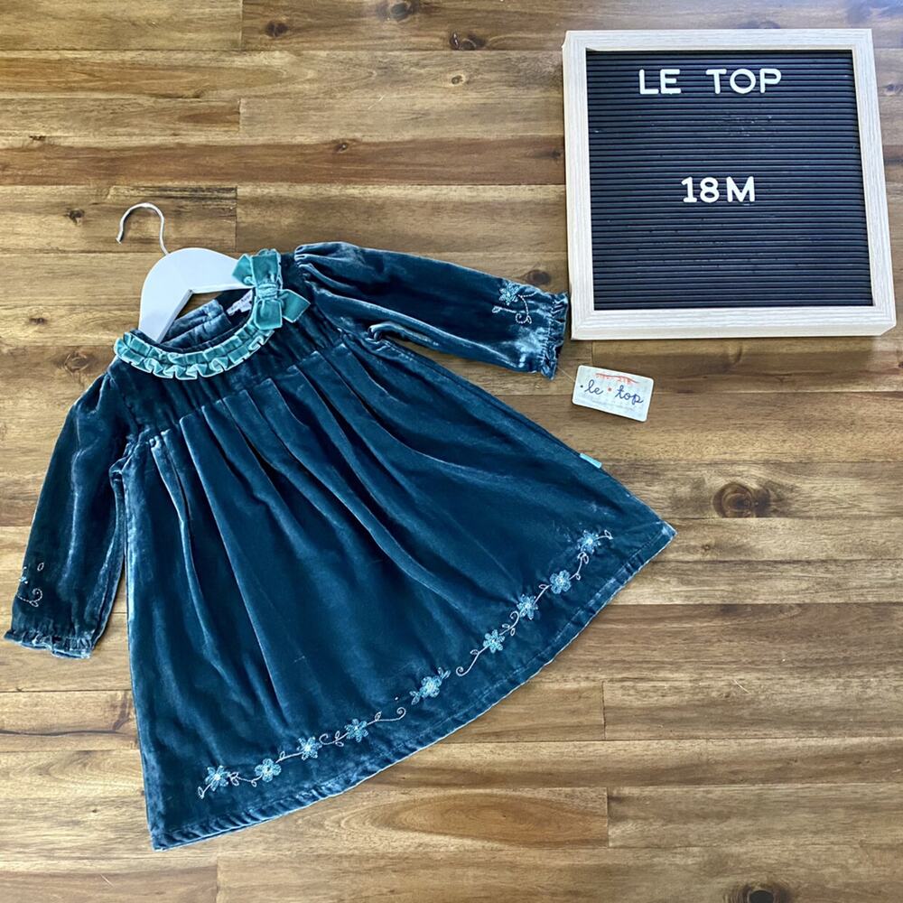 NWT Le Top Teal Green Beaded Velvet Dress Long Sleeve 18M *READ*